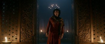 Movie still from “Padmaavat” (2018), directed by Sanjay Leela Bhansali – A man standing in front of a mirror in a dark room; Medium shot, Low angle