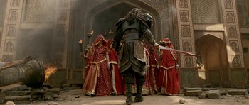 Movie still from “Padmaavat” (2018), directed by Sanjay Leela Bhansali – A group of people dressed in medieval costumes; Wide shot, Over the shoulder angle