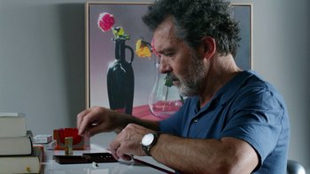 Movie still from “Pain and Glory” (2019), directed by Pedro Almodóvar – A man sitting in front of a painting of a flower; Close Up shot, Low angle