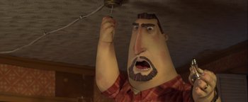 Movie still from “ParaNorman” (2012), directed by Sam Fell – An animated man with a beard is holding a light fixture; Close Up shot, Overhead angle