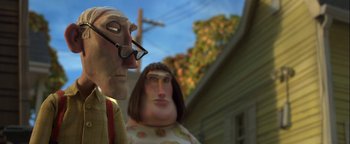Movie still from “ParaNorman” (2012), directed by Sam Fell – A person with glasses and a person with long hair; Close Up shot, Low angle