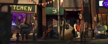 Movie still from “ParaNorman” (2012), directed by Sam Fell – A scene from a cartoon where a man is walking down the street; Wide shot, High angle