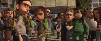 Movie still from “ParaNorman” (2012), directed by Sam Fell – A group of people standing next to each other on a sidewalk; Medium shot, Low angle