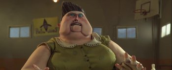 Movie still from “ParaNorman” (2012), directed by Sam Fell – A woman's face in a green dress; Close Up shot, Low angle
