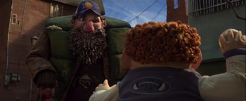 Movie still from “ParaNorman” (2012), directed by Sam Fell – A man with a beard and a hat is talking to a child; Medium shot, Over the shoulder angle