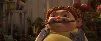 Movie still from “ParaNorman” (2012), directed by Sam Fell – A character with a stick in his mouth; Close Up shot, High angle