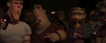 Movie still from “ParaNorman” (2012), directed by Sam Fell – A group of people standing around a room; Close Up shot, Low angle