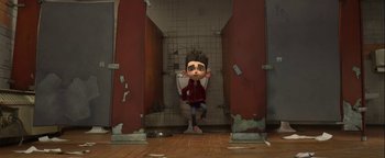 Movie still from “ParaNorman” (2012), directed by Sam Fell – A person sitting on a toilet in a bathroom; Wide shot, Overhead angle