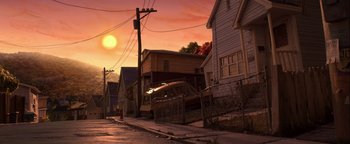 Movie still from “ParaNorman” (2012), directed by Sam Fell – An image of a street scene at sunset; Extreme Wide shot, High angle