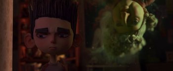 Movie still from “ParaNorman” (2012), directed by Sam Fell – The head of a cartoon character; Close Up shot, Over the shoulder angle