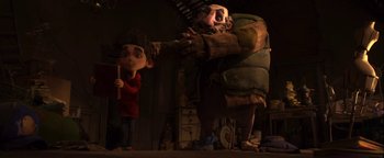 Movie still from “ParaNorman” (2012), directed by Sam Fell – An animated scene of a man and a boy; Medium shot, Low angle