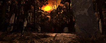 Movie still from “ParaNorman” (2012), directed by Sam Fell – The sun is setting in the woods with a person standing in the distance; Extreme Wide shot, High angle