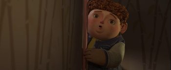 Movie still from “ParaNorman” (2012), directed by Sam Fell – A cartoon of a boy holding a door; Medium shot, Low angle