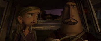 Movie still from “ParaNorman” (2012), directed by Sam Fell – A couple of people that are sitting in a car; Close Up shot, Over the shoulder angle