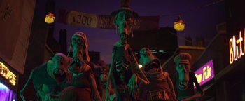 Movie still from “ParaNorman” (2012), directed by Sam Fell – A group of people dressed up in costumes for halloween; Wide shot, Low angle