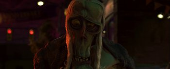 Movie still from “ParaNorman” (2012), directed by Sam Fell – The face of an undead creature; Close Up shot, Low angle