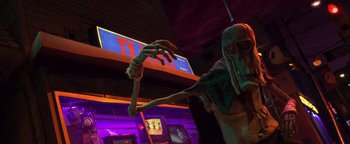 Movie still from “ParaNorman” (2012), directed by Sam Fell – A person in a costume holding something in their hand; Medium shot, Low angle