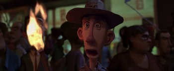 Movie still from “ParaNorman” (2012), directed by Sam Fell – The head and face of a cartoon character; Close Up shot, Low angle