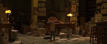 Movie still from “ParaNorman” (2012), directed by Sam Fell – A person standing in front of a pile of papers; Wide shot, High angle