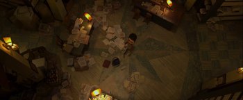 Movie still from “ParaNorman” (2012), directed by Sam Fell – An overhead view of a room filled with papers; Extreme Wide shot, Overhead angle