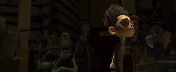 Movie still from “ParaNorman” (2012), directed by Sam Fell – A character from paranorman; Medium shot, Over the shoulder angle