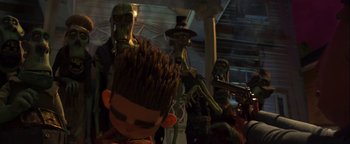 Movie still from “ParaNorman” (2012), directed by Sam Fell – A bunch of toy figures that are in a room; Medium shot, Low angle