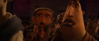 Movie still from “ParaNorman” (2012), directed by Sam Fell – A group of people that are standing up; Close Up shot, Low angle