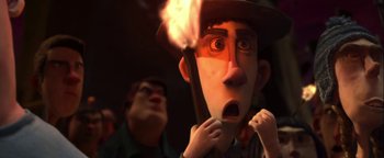 Movie still from “ParaNorman” (2012), directed by Sam Fell – A man with a surprised look on his face; Close Up shot, Low angle