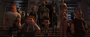 Movie still from “ParaNorman” (2012), directed by Sam Fell – A group of people standing next to each other in front of a building; Wide shot, Low angle
