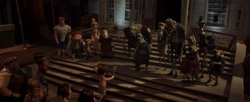 Movie still from “ParaNorman” (2012), directed by Sam Fell – A group of people standing on some steps; Wide shot, High angle