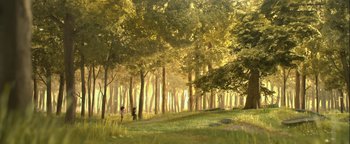 Movie still from “ParaNorman” (2012), directed by Sam Fell – Two people walking in the woods on a sunny day; Extreme Wide shot, High angle