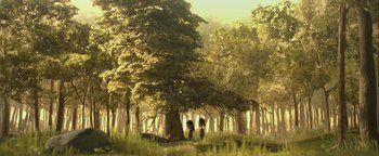 Movie still from “ParaNorman” (2012), directed by Sam Fell – Two people standing under a large tree in the middle of a forest; Extreme Wide shot, Low angle