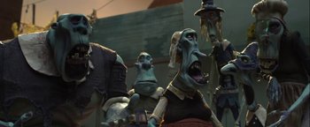 Movie still from “ParaNorman” (2012), directed by Sam Fell – A group of people that are standing up; Medium shot, Low angle