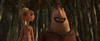 Movie still from “ParaNorman” (2012), directed by Sam Fell – A man and a woman standing next to each other in front of a forest; Close Up shot, Low angle
