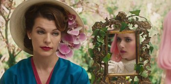 Movie still from “Paradise Hills” (2019), directed by Alice Waddington – A woman in a hat and a mirror; Close Up shot, Over the shoulder angle