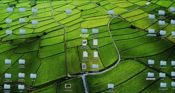 Movie still from “Parallel Mothers” (2021), directed by Pedro Almodóvar – An aerial view of a green field with many windows; Extreme Wide shot, Overhead angle
