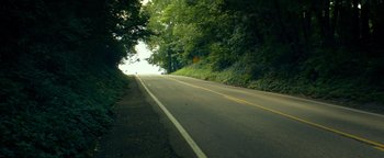 Movie still from “My Friend Dahmer” (2017), directed by Marc Meyers – A road that has some trees on the side of the road; Extreme Wide shot, High angle