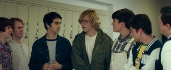 Movie still from “My Friend Dahmer” (2017), directed by Marc Meyers – A group of young men standing next to each other in a room; Medium shot, Low angle