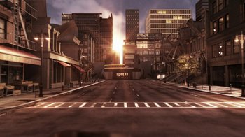 Movie still from “Paterson” (2016), directed by Jim Jarmusch – An image of an empty city street at sunset; Extreme Wide shot, High angle