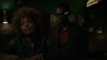 Movie still from “Paterson” (2016), directed by Jim Jarmusch – A man and a woman are standing in the dark; Close Up shot, Over the shoulder angle