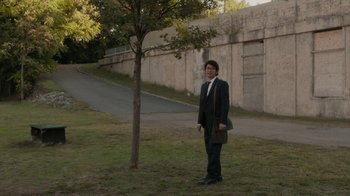 Movie still from “Paterson” (2016), directed by Jim Jarmusch – A man standing next to a tree on a grassy hill; Wide shot, Low angle