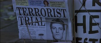 Movie still from “Patriot Games” (1992), directed by Phillip Noyce – The front page of a newspaper; Extreme Close Up shot, High angle