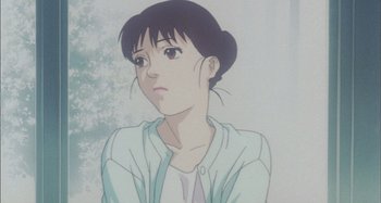 Movie still from “Perfect Blue” (1997), directed by Kô Matsuo – An animated picture of a woman looking sad; Close Up shot, Low angle