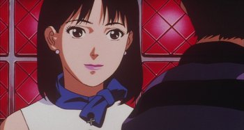 Movie still from “Perfect Blue” (1997), directed by Kô Matsuo – A woman's face in anime style; Close Up shot, Low angle