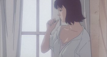Movie still from “Perfect Blue” (1997), directed by Kô Matsuo – A woman brushing her teeth in front of a window; Close Up shot, Low angle
