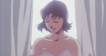 Movie still from “Perfect Blue” (1997), directed by Kô Matsuo – A person wearing a bra near a window; Close Up shot, Low angle