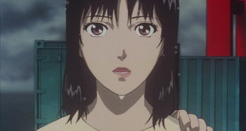 Movie still from “Perfect Blue” (1997), directed by Kô Matsuo – A person with long hair; Close Up shot, Low angle