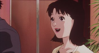 Movie still from “Perfect Blue” (1997), directed by Kô Matsuo – A cartoon girl's face; Close Up shot, Low angle