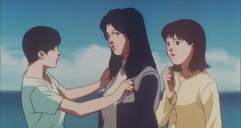 Movie still from “Perfect Blue” (1997), directed by Kô Matsuo – A group of people standing next to each other on top of a hill; Close Up shot, Low angle