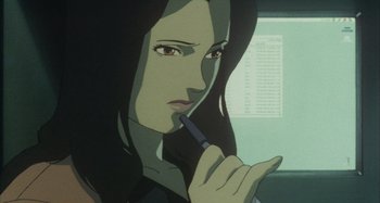 Movie still from “Perfect Blue” (1997), directed by Kô Matsuo – A person holding a pen in their mouth; Close Up shot, High angle